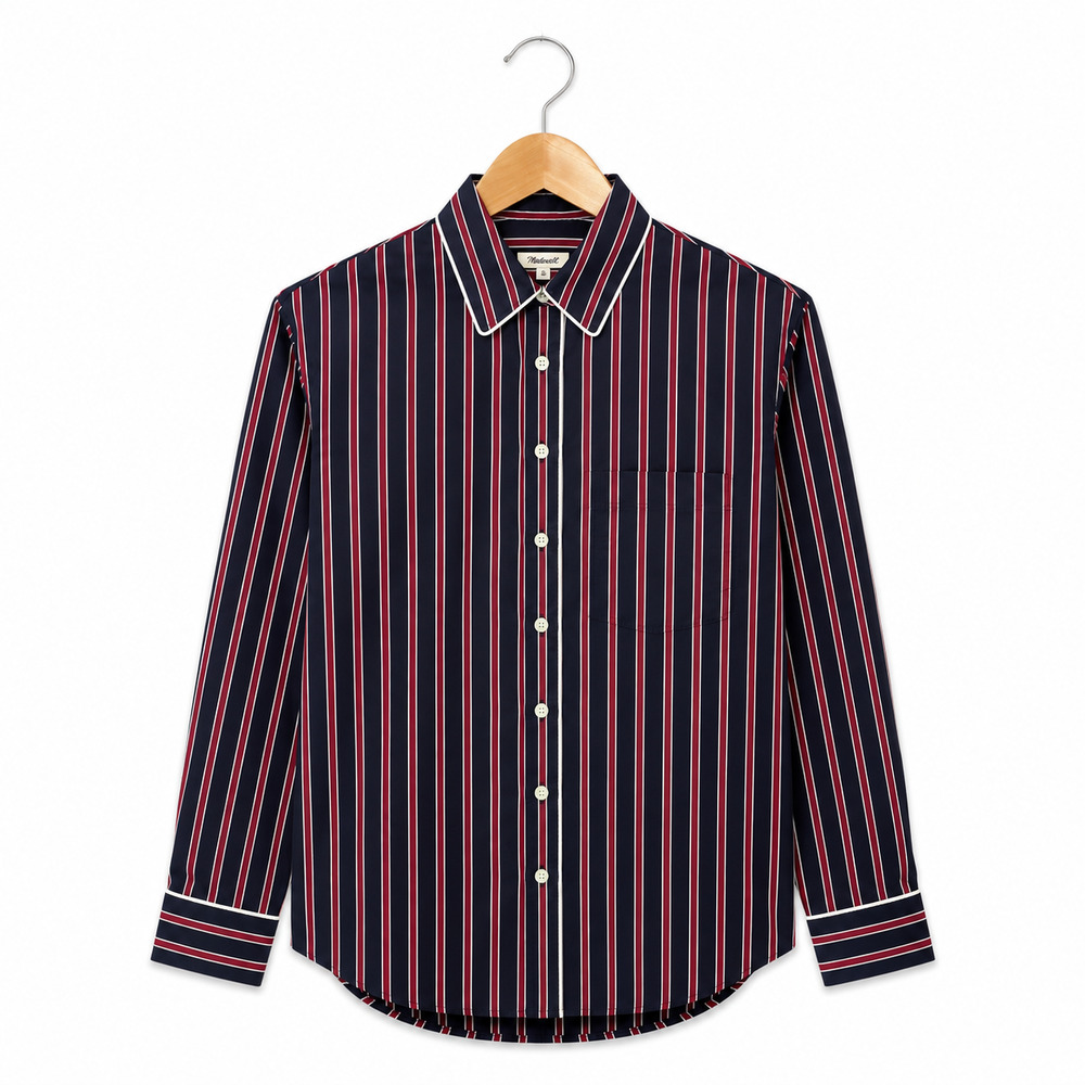 Madewell Long Button Up Poplin Shirt Womens Size XS Blue Red White Stripe NWT